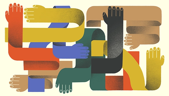 Abstract illustration of different colored ribbons weaving in and out of each other