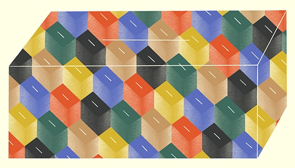 Abstract illustration showing many different colored ballot boxes combining to form one large ballot box