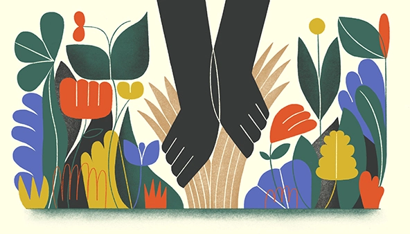 Colorful illustration showing two hands pulling weeds from a garden