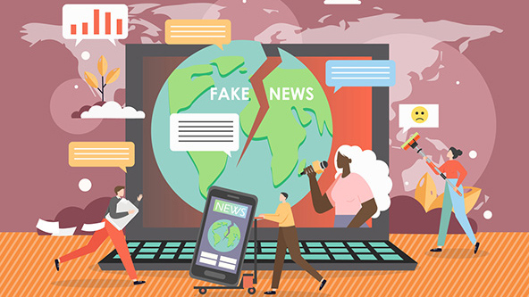 Illustration of tiny people and huge laptop computer with cracked planet Earth globe, journalist with mic on screen.