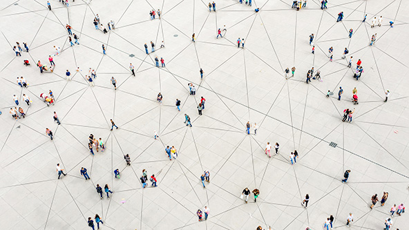 Aerial view of crowd connected by lines 