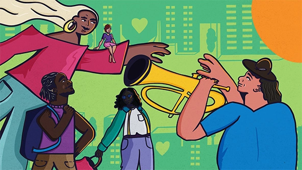 Diverse group of people standing together. One person is playing a trumpet.