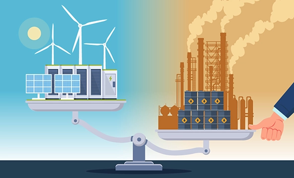clean energy and fossil fuels on a scale with a thumb weighing down the fossil fuel side
