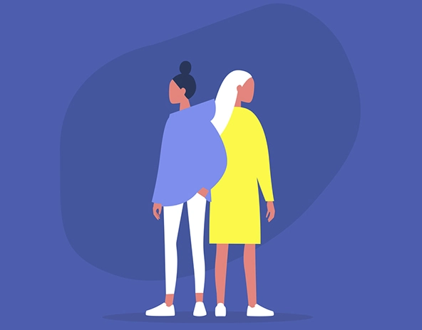 Two people standing back-to-back to symbolize support and trust