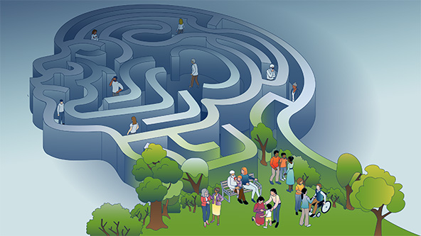 A park next to a maze shaped like a mind.