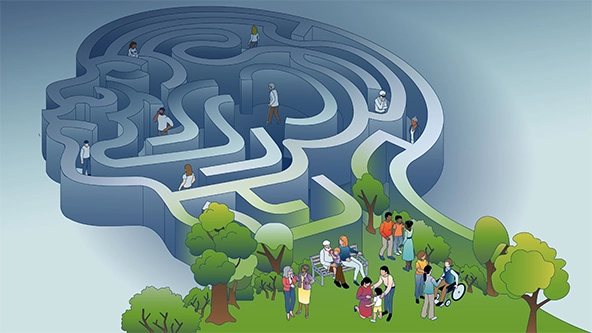 A park next to a maze shaped like a mind.