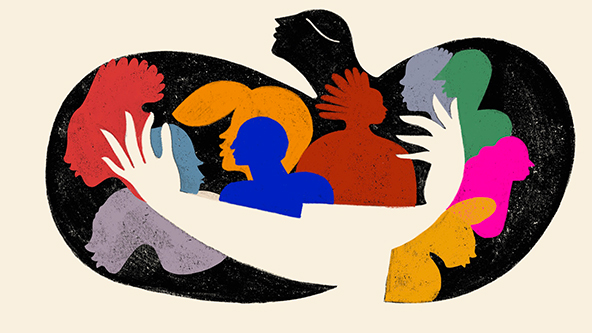 Multi-colored figures in an embrace of arms