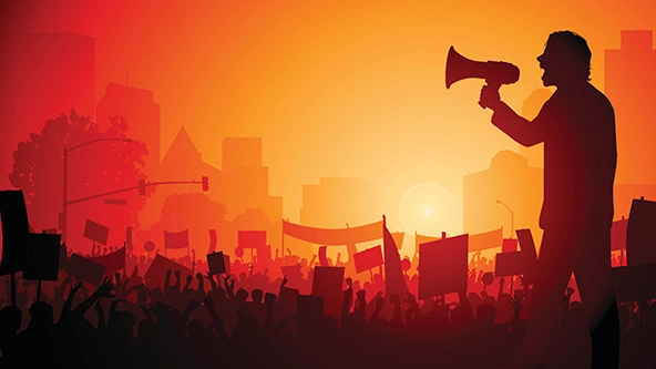 Young person leading a demonstration in the city