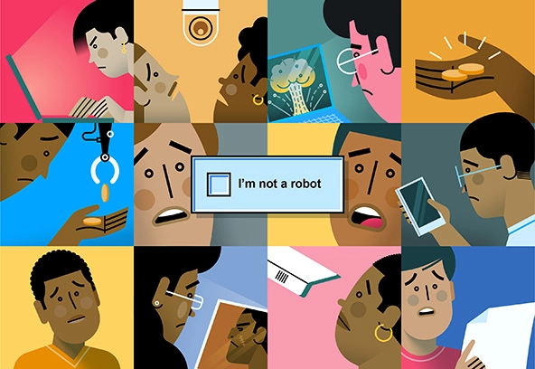 Background of disturbed faces of tech workers with a check box labeled 
