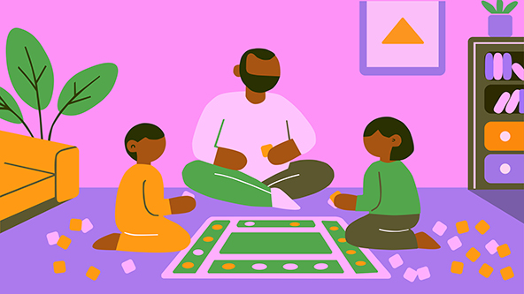 african american dad playing board games with two kids on living rooms floor