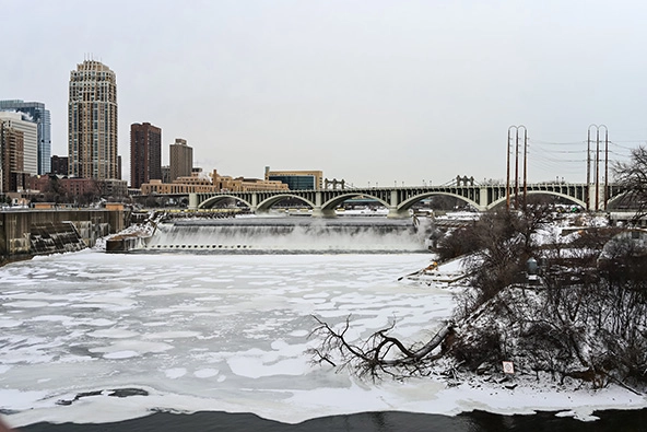 Frozen Mississippi River in Downtown Minneapolis in Winter