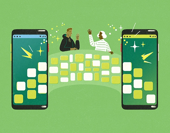 Illustration of young man and older woman having a conversation and standing between cell phones