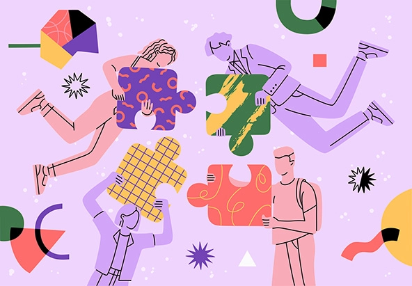 Four people flying in abstract space and connecting big puzzle elements