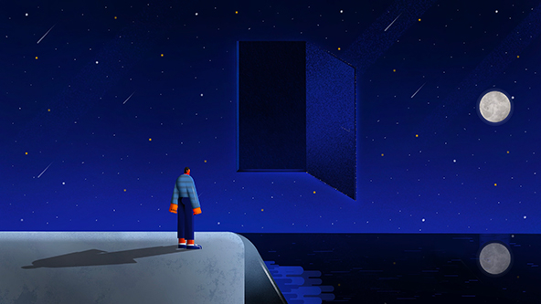 Person standing on a cliff above water looking at a doorway in the sky