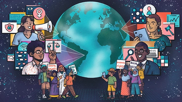 Globe surrounded by four technologists and crowds of human rights workers