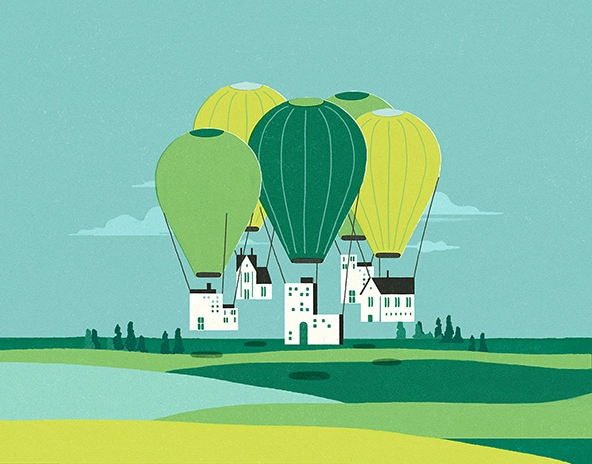 Illustration of hot air balloons in sky over fields