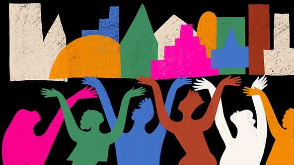 Diverse figures holding up a row of colorful buildings