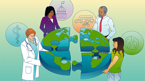 Four people holding puzzle pieces that form a globe