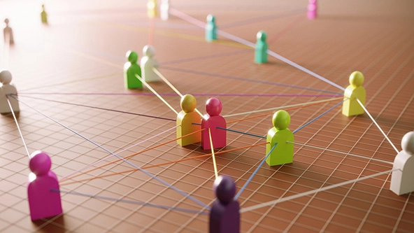 multi-colored abstract people icons connected by string