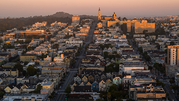 Aerial view of Mission District in San Francisco at sunrise