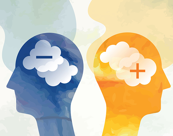 montage of two heads, one with a plus sign the other with a negative sign