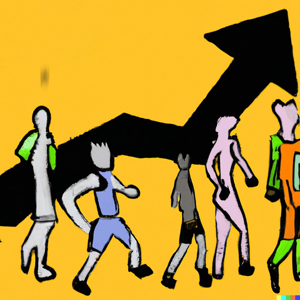 Figures walking in front of an arrow pointing upward