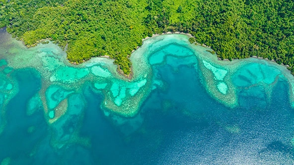 lagoon with turquoise water and coastline with tropical vegetation
