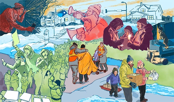 hand-drawn illustration of scenes of people with bullhorns, looking out windows, walking through the snow, meeting and comforting one another outdoors in winter