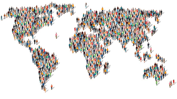 A large group of people in the shape of a world map.