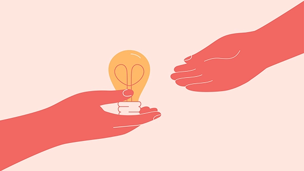 Sharing ideas and knowledge with others. Human hand gives light bulb to other hand.