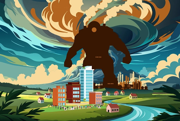 pollution giant hovering over a city