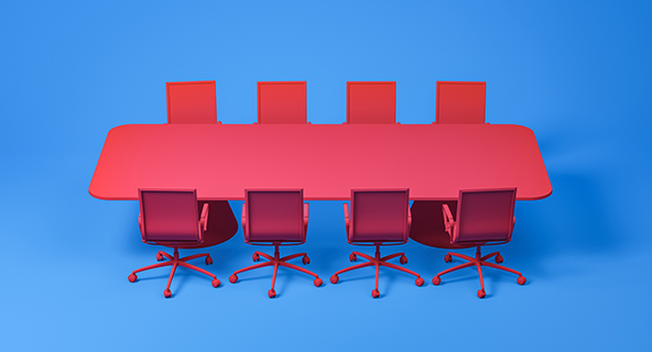 Illustration of a red conference table with eight empty chairs around it and a solid blue background