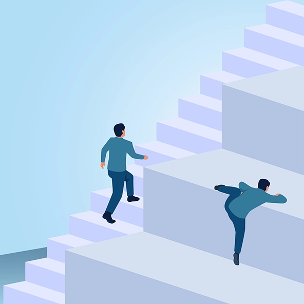 A man climbs a small stairs while another climbs large stairs