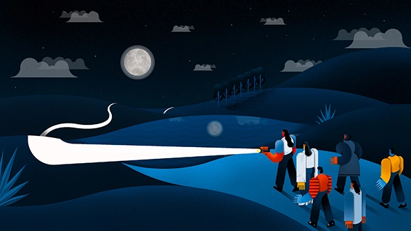 Figure leading a group of people with a flashlight and shining a light on the path before them