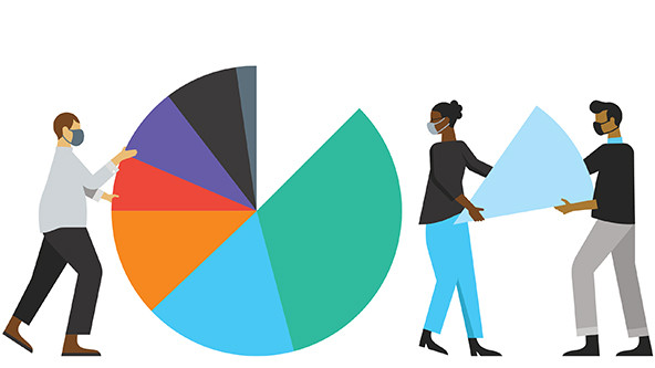 Figure pushing a pie chart and two people carrying a slice to the pie