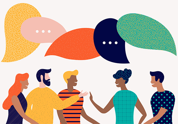 Diverse group of people in conversation with speech bubbles overhead