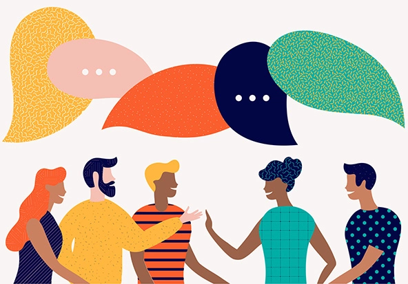 Diverse group of people in conversation with speech bubbles overhead