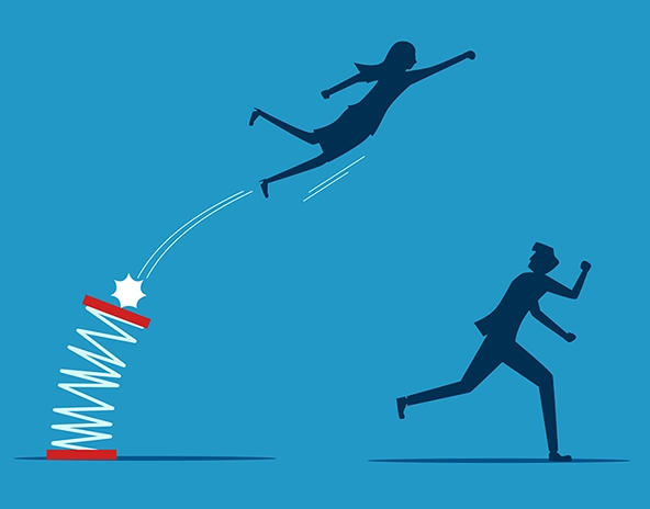 woman jumping high with spring over other person