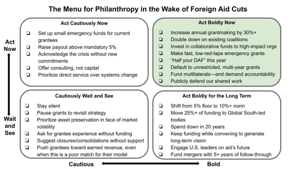 2x2 matrix of actions shaped by conversations with funders, based on two axes: timing (immediate vs. delayed) and risk posture (cautious vs. bold)