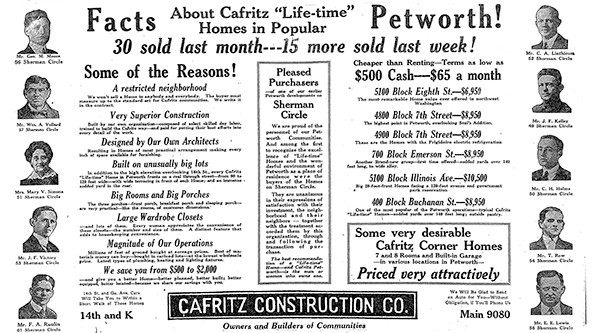 Advertisement from a 1926 newspaper for Cafritz Construction