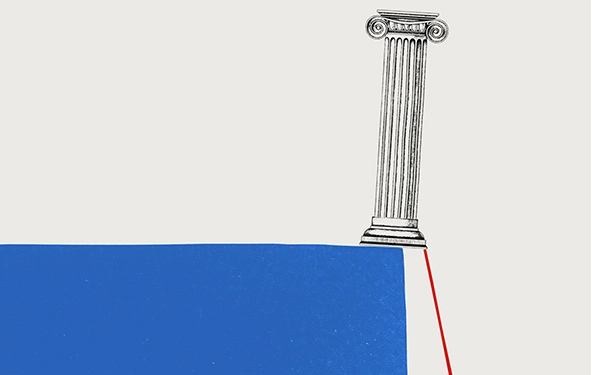 greek column teetering on the edge of a cliff