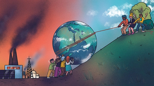 People pushing a globe up a hill away from pollution toward blue skies