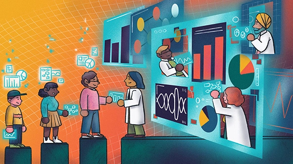 People stepping up to hand data to public interest technologists in front of and working on a data dashboard.