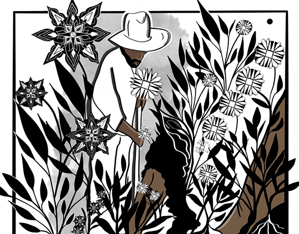 Man leaning over in a garden to tend to plants