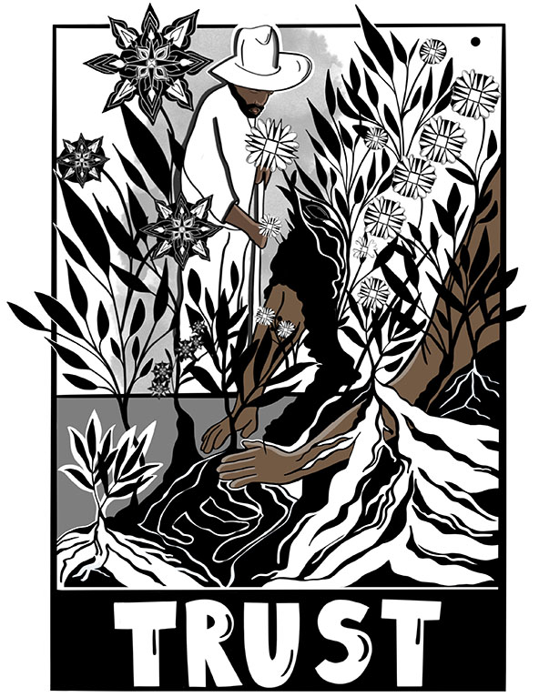 Man bending over to tend to plants in a garden