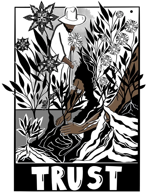 Man bending over to tend to plants in a garden
