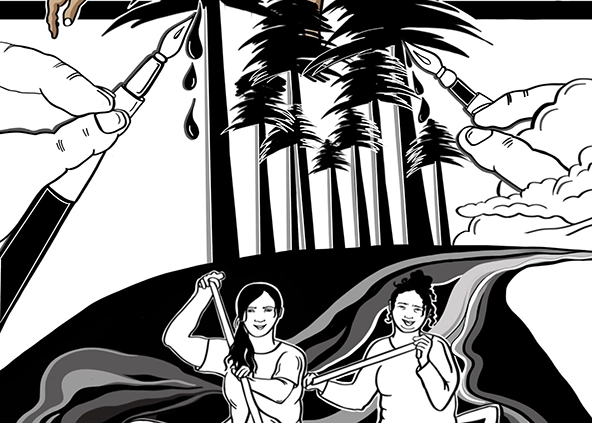 Two women in a canoe on a river with trees in the background