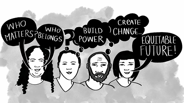 People with speech bubbles that say Who matters? Who belongs? Build power, Create change, and Equitable future!