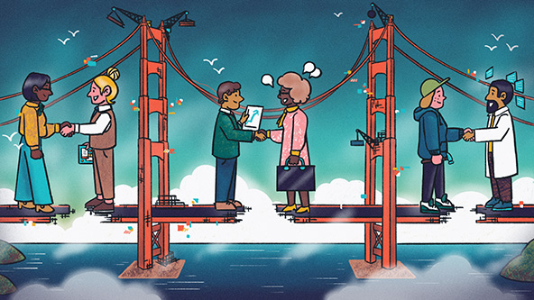 People standing on a bridge being built and shaking hands.