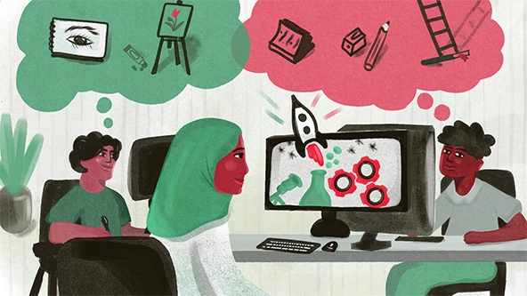 girl in head scarf looking at computer screen with STEM symbols and rocketship; two boys in background with thought bubbles with symbols of art and education